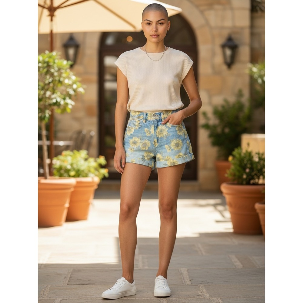 American Eagle Shorts Womens Sunflower Floral Light Wash Blue 00 Excellent Denim